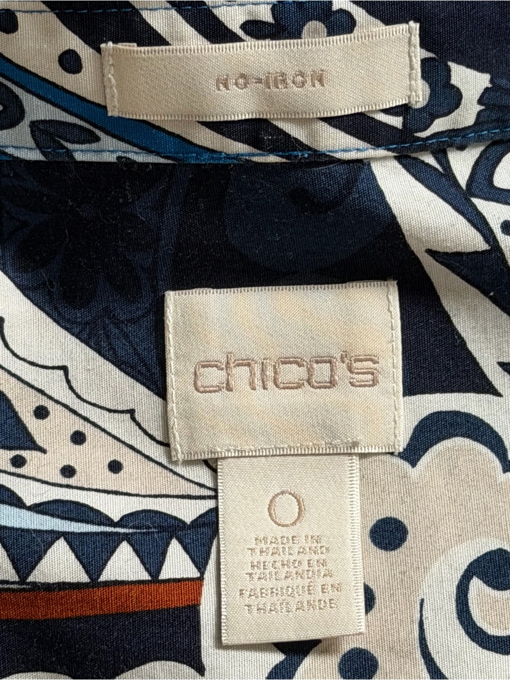 Chico's Blue Paisley Button-Down No Iron Shirt with Brown Accents - Picture 3 of 5